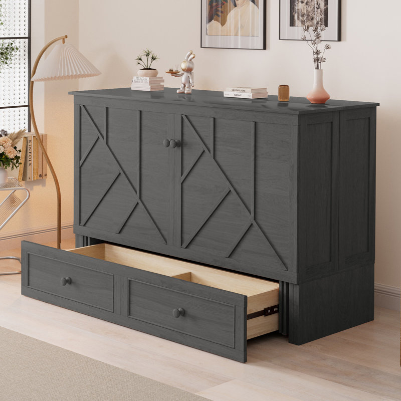 loon peak queen murphy bed cabinet with large storage drawer & charging station, foldable panel design, space-saving cube cabinet bed frame for guest room, living room, office ( mattress included)