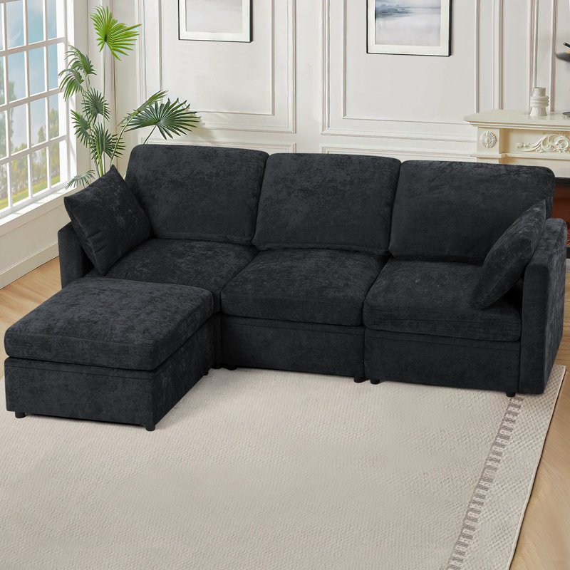 ( incomplete box 3/3 )( color orange)84\" Chenille Sectional Sofa With Reversible Ottoman, Modern Couch With Upholstered Cushion, Comfy 3-Seat Sofa For Living Room, Office