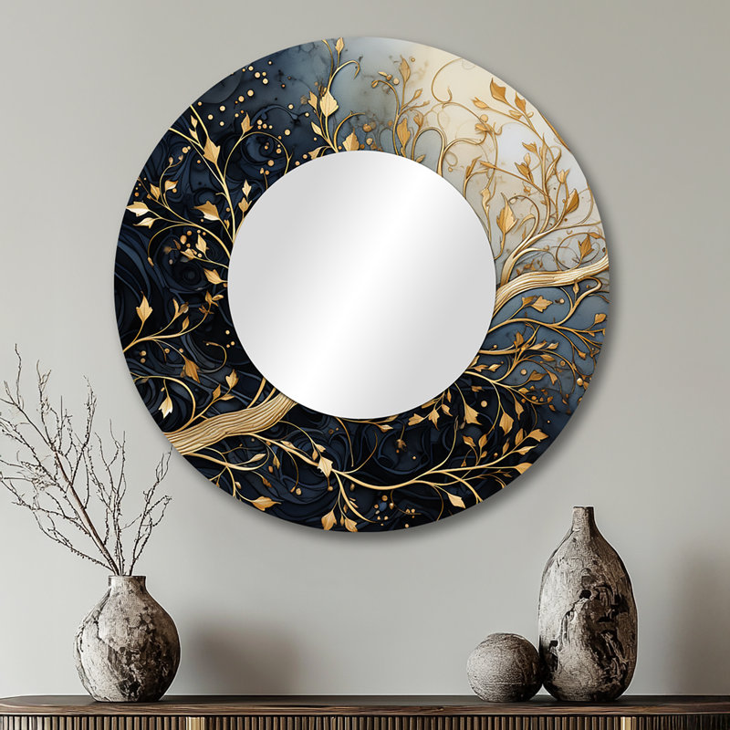 Golden Branch Tree Luminous Tangle I - Monochrome Unique Wall Mirror, Traditional Round Mirror, Printed Metal Art