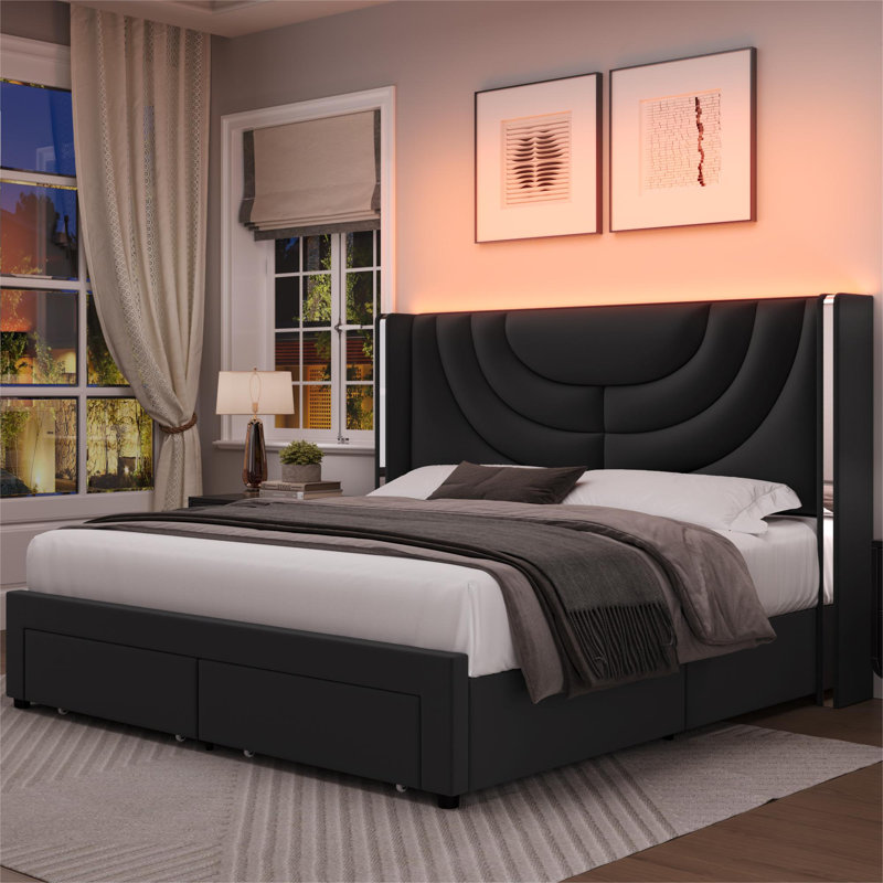 sturminster velvet upholstered led bed with wall wash light, platform storage bed with 2 drawers, rgb lighting & wingback headboard, no box spring needed, modern luxury bed (beige/black/pink)