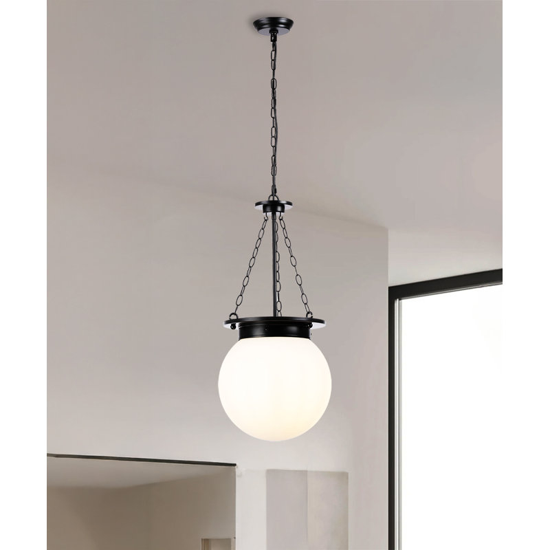 1-light Contemporary Black Pendant Lamp With Opal Glass Shade And Chain Design INCOMPLETE 