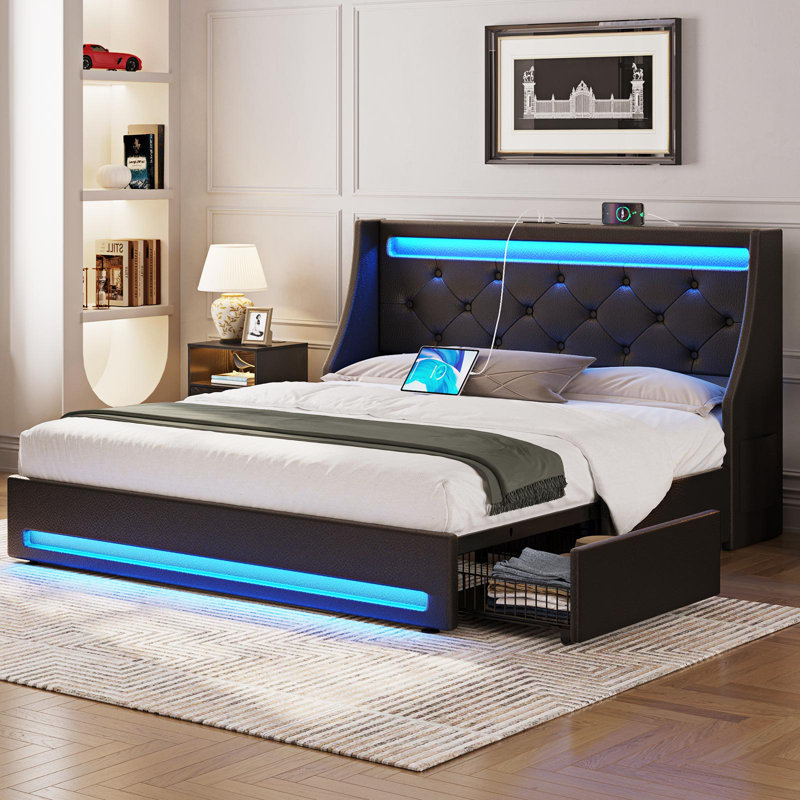 komor upholstered storage bed with charging station and led lights