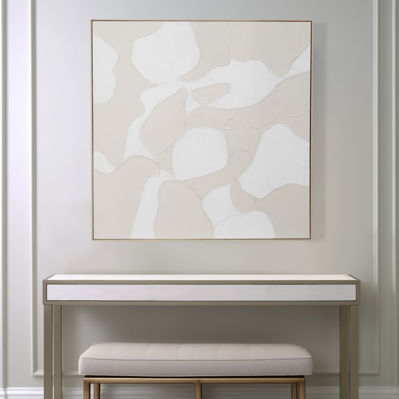 canvas wall art - hand painted and framed with textured abstract design - 40" - tan & white - modern casual decor for home, office, bedroom, or living room