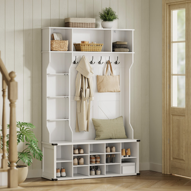 hall tree 51.2'' wide with bench and shoe storage, adjustable shelves