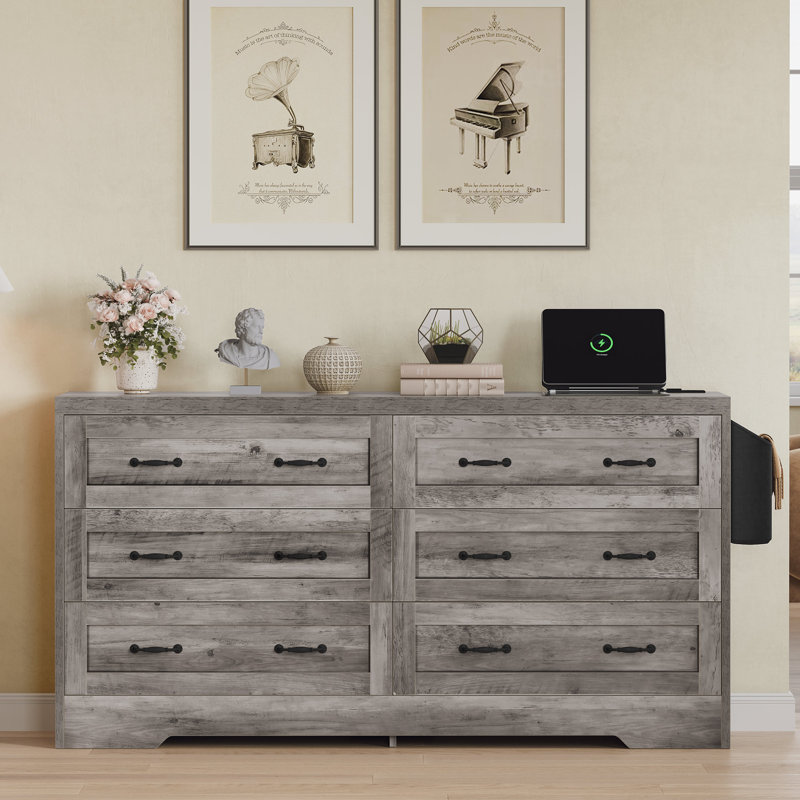 59" 6 Drawer Vintage Large Dresser Chest Of Drawers With Side Organizer Bag And Power Outlet For Hallway