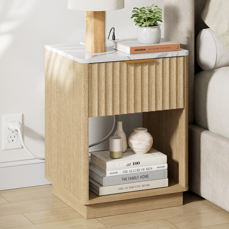 schaitman 18''w 1-drawer nightstand with open cubby, wood nightstand with built-in outlets