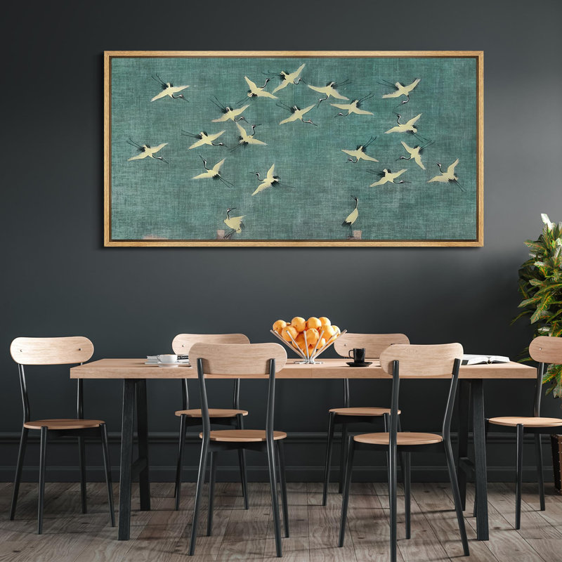 Serene Sky Cranes In Flight On Teal Rustic Artwork Extra Large Pictures Framed Canvas Print Wall Art