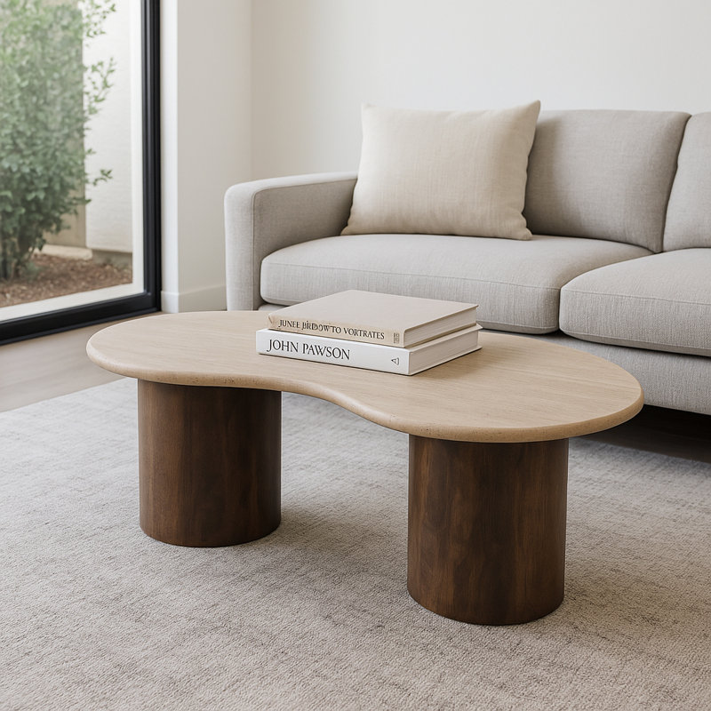 ( incomplete/ missing top) Modern Coffee Table with Travertine Stone Top and Mango Wood Base Glam Accent for Living Room or Office Brown 48\"