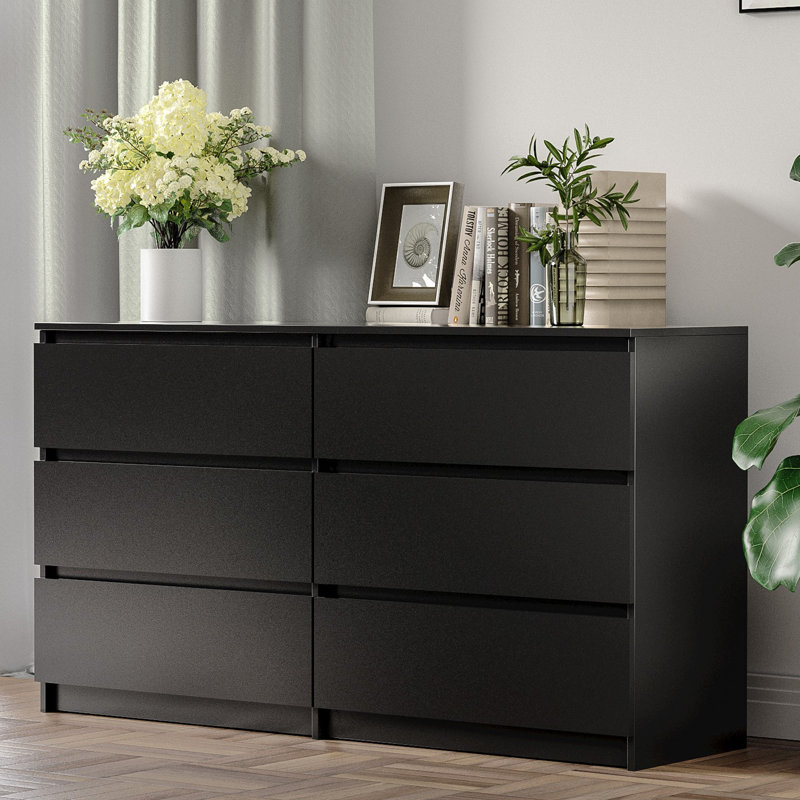(Incomplete box 1 of 2) Parleen 52\" W 6 Drawer Black Dresser - Wood Bedroom Dresser, Double Dresser for Bedroom
