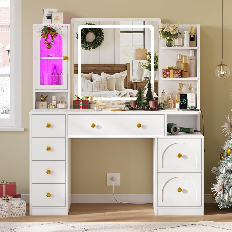 (incomplete) white vanity desk with mirror and led lights, large makeup vanity desk with 7 drawers, storage shelves and rgb glass cabinet, dressing table for bedroom with charging station, lights adjustable