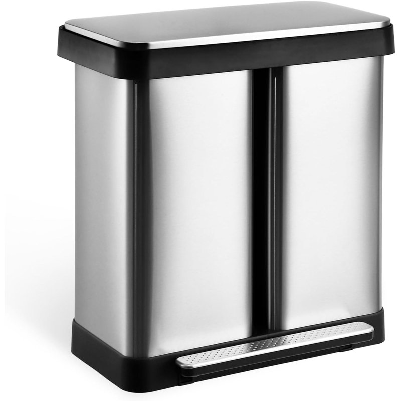 17.5 Gallon Dual Trash Can, Stainless Steel Kitchen Garbage Can with Soft-Close Lid, 30L+36L Two Compartment Recycle Bin with 1 Removable Inner Buckets and Foot Pedal for Kitchen Home Office