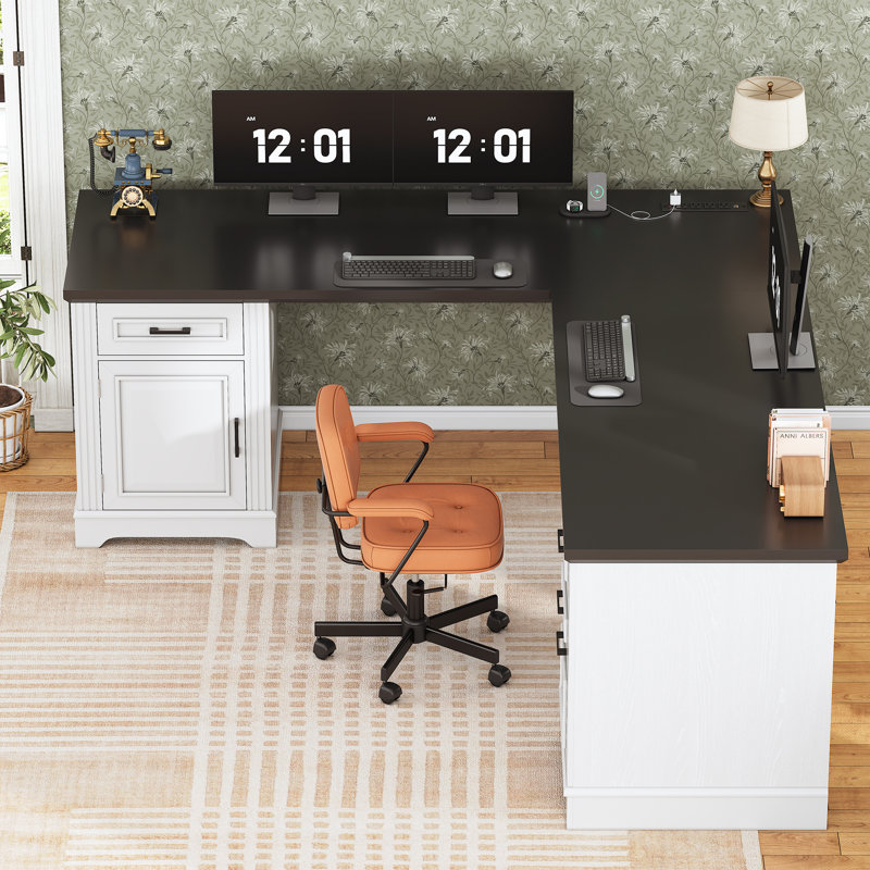 (box 1/3) farmhouse executive l shaped desk, home office desk with file drawer and power outlet, computer corner desk with drawers and storage cabinet, workstation for office home