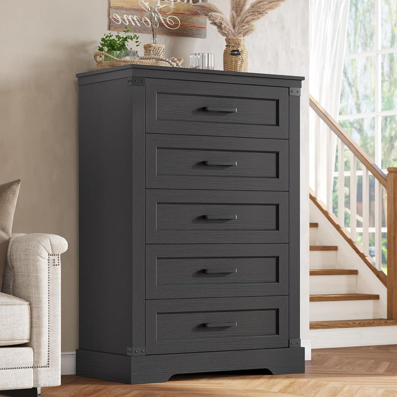 farmhouse 5 drawers dresser, wooden tall chest of drawers with thick styling and wide drawer, large capacity closet storage organizer, dresser for dressing room, closet, bedroom, living room, study room