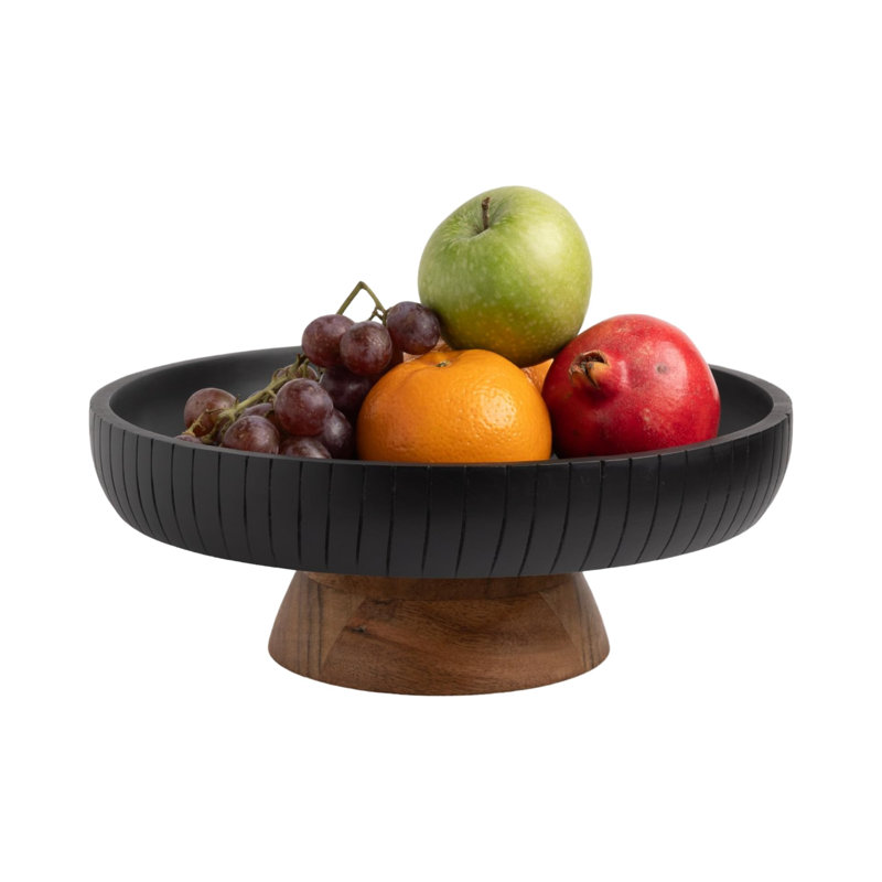 mango wood fruit bowl, decorative black bowl with natural finish pedestal | 12" dia | dual tone look | use as centerpiece for kitchen counter or dining table (black)