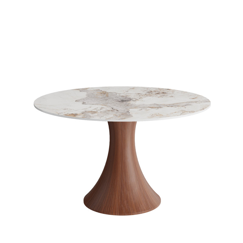mid-century modern round dining table for 2-4 stone tabletop solid wood pedestal base