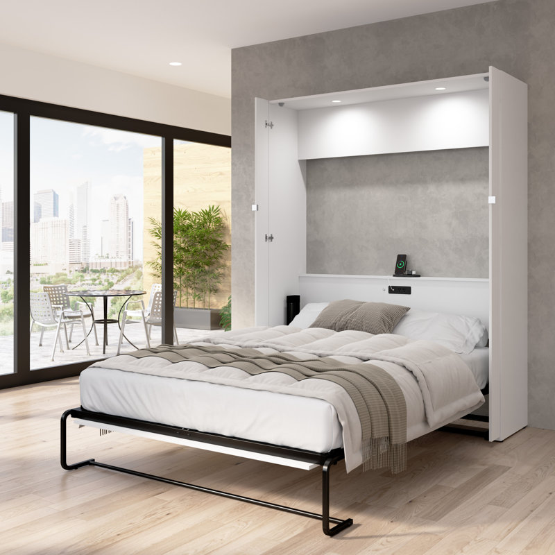 Maile High-Gloss Scratch-Resistant Murphy Bed with LED Lights and Built-In Charging Station INCOMPLETE (box 1of2)