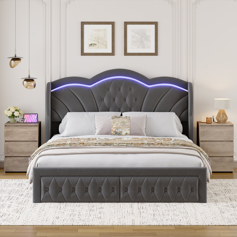(incomplete) Velvet Upholstered Wingback Bed, Storage Bed with LED Lights