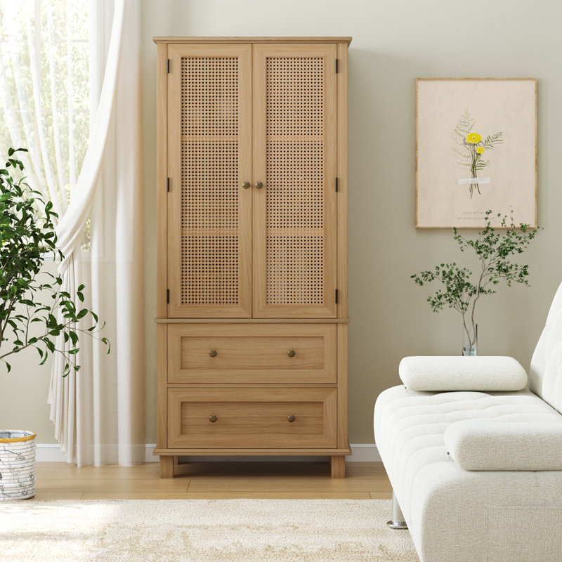 THE DOORS VARY ON SALE Wooden Accent Cabinets with Cabinet and 2 Drawers, Tall Rectangle Locker With Faux Rattan And Faux Solid Wood Surface, Mid-Century Modern White or Farmhouse Natural Brown