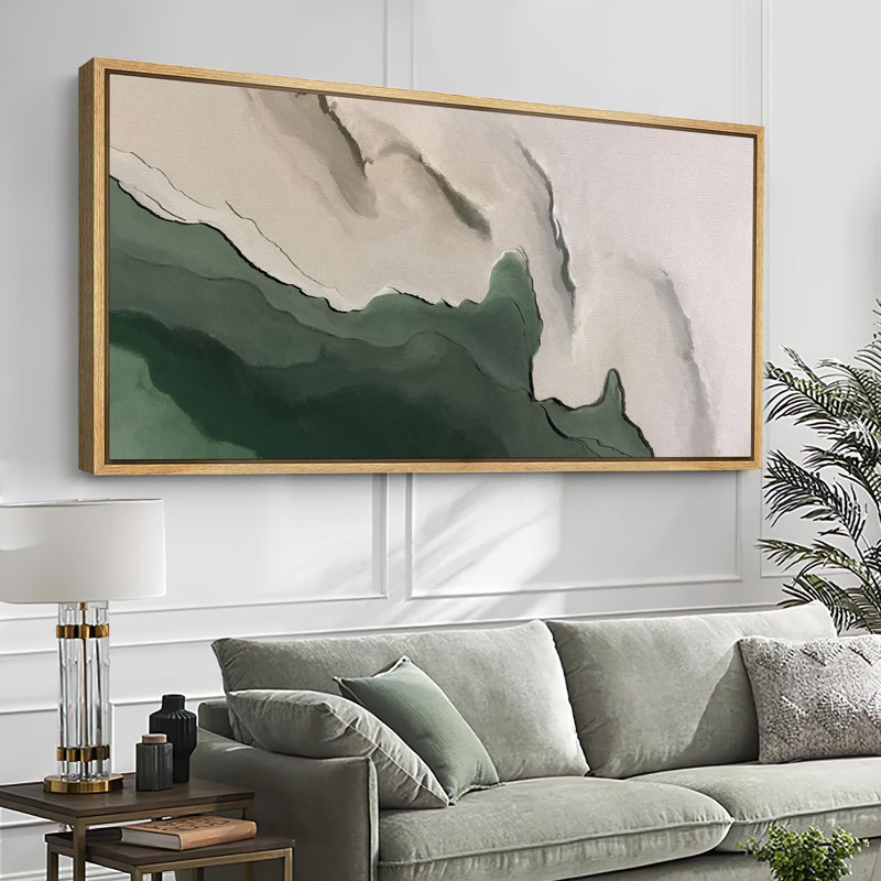 Faux Texture Abstract Green Minimalist Modern Artwork - Extra Large Framed Wall Art Canvas Print 30" H x 60" W