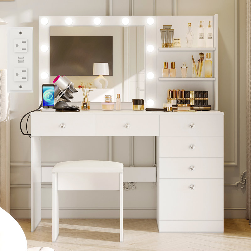 (Similar) Greyden Makeup Vanity with Lighted Mirror, Outlets and 6 Drawers