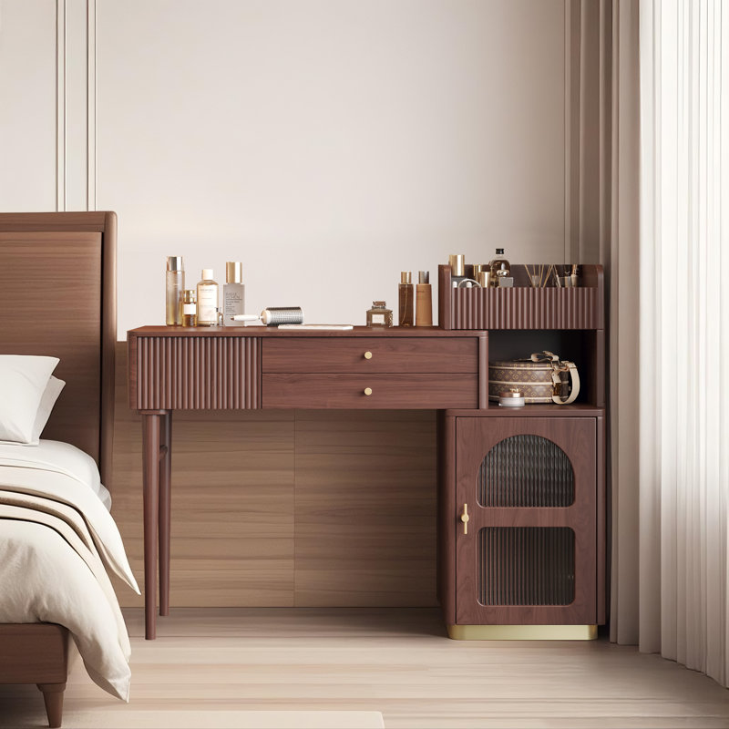 adjustable makeup vanity with drawers and cabinet,fluted wood vanity desk, dressing table with glass door