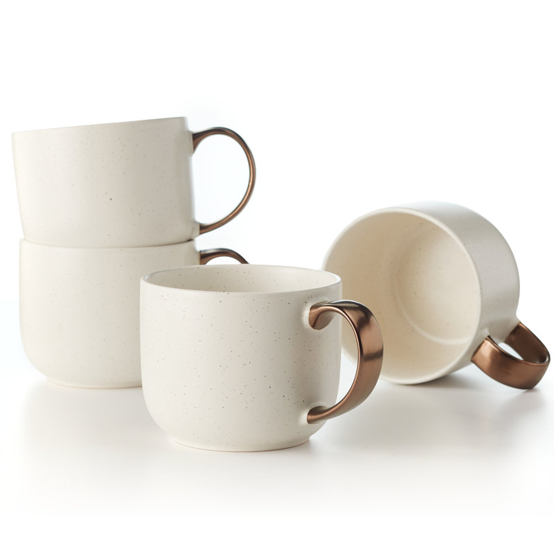 Luna Collection by Maison Neuve Stoneware Mug Set of 4-19 oz Round Ceramic Mug Set for Latte, Hot Tea & More - Microwave & Dishwasher Safe - Modern Coffee Mug Gift - Cream/Bronze