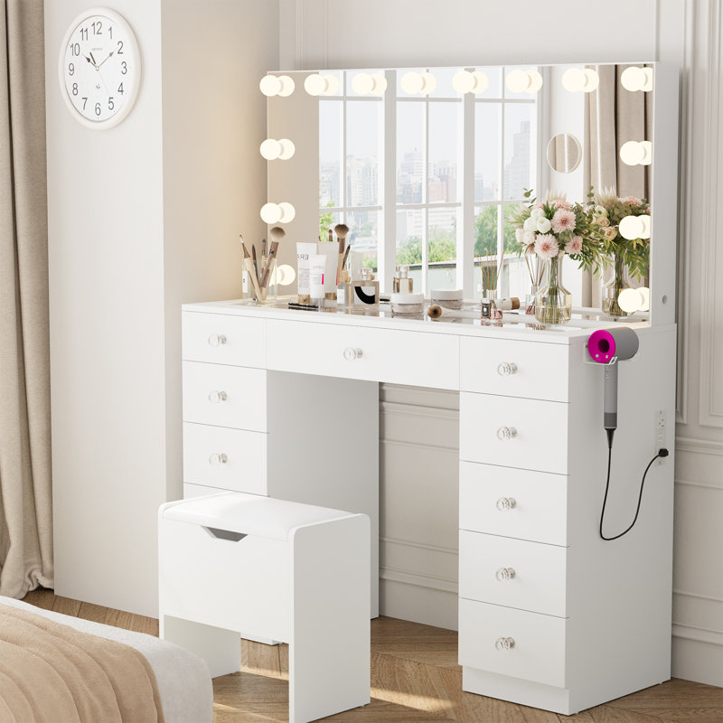 ( incomplete)( similar)Greyden Vanity With 11 Drawers & Lighting Bulbs, Storage Stool & 10X Magnifying Mirror