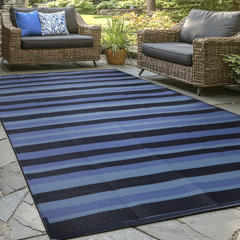 (9 x 12 ft )performance striped blue/black indoor / outdoor rug
