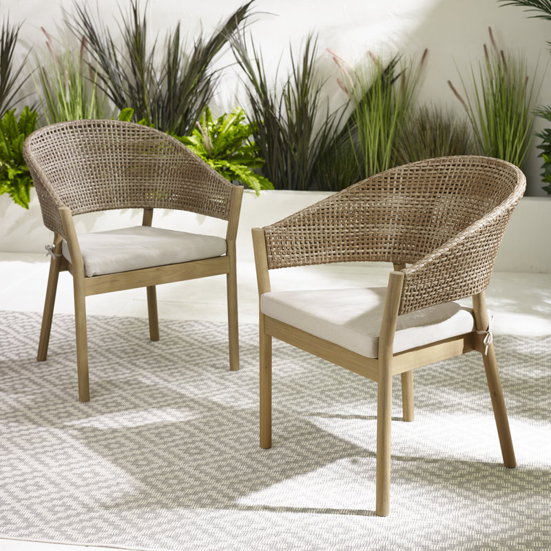 Ava Pair of Wood And Wicker Outdoor Dining Chairs - Natural Soild Wood For Modern Garden (Set of  1) 
