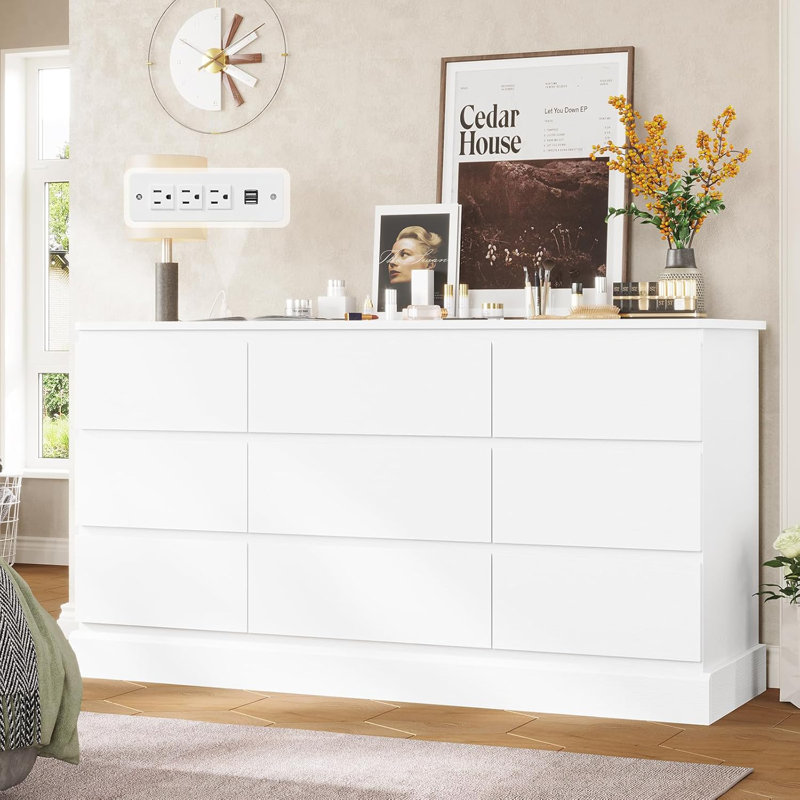 Modern Bedroom Dresser With 9 Drawers, Dresser Chest Of Drawers With Large Capacity Storage, Long Dresser