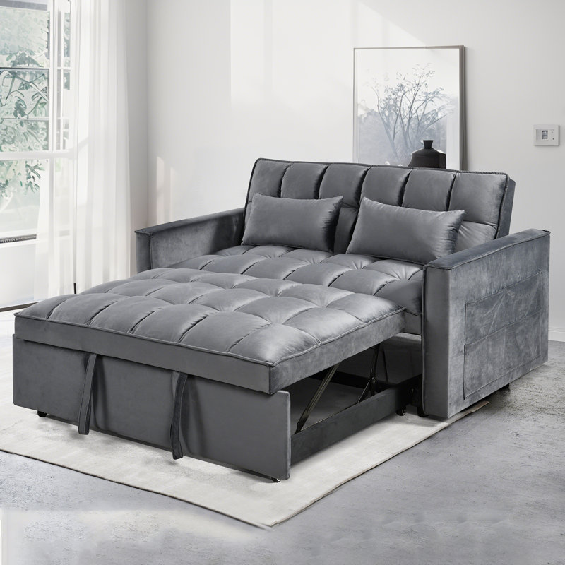 (incomplete) 3 in 1 convertible sleeper sofa bed,modern velvet loveseat futon sofa couch pullout bed, small love seat lounge sofa w/reclining backrest, toss pillows, pockets