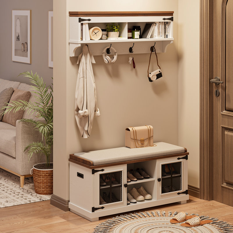 39.76\" wide hall tree with bench and shoe storage, entryway bench with soft seat cushion, wall mount coat rack shoe bench set for hallway
incomplete 