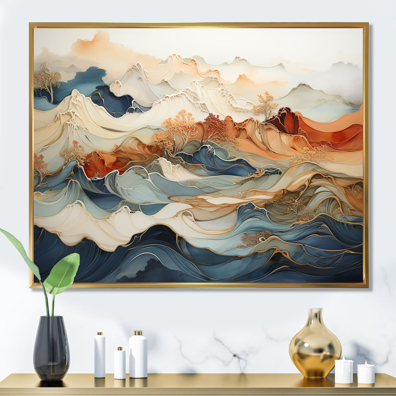 abstract orange and blue river ink iii - abstract marble canvas art