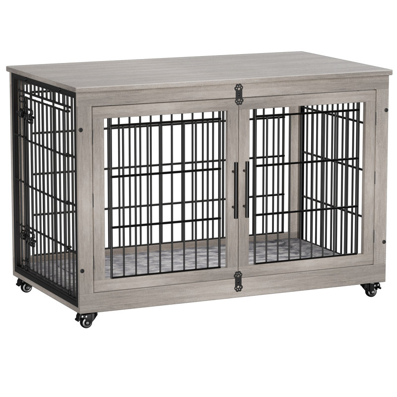 Dyako Dog Crate Furniture, Side End Table, Mordern Kennel, Wooden Heavy-duty Dog Cage, Dog House, Indoor End Table, Night Stand, w/Cushion and Wheels, Double-door, 3mm-5mm(dia) Iron Fence
