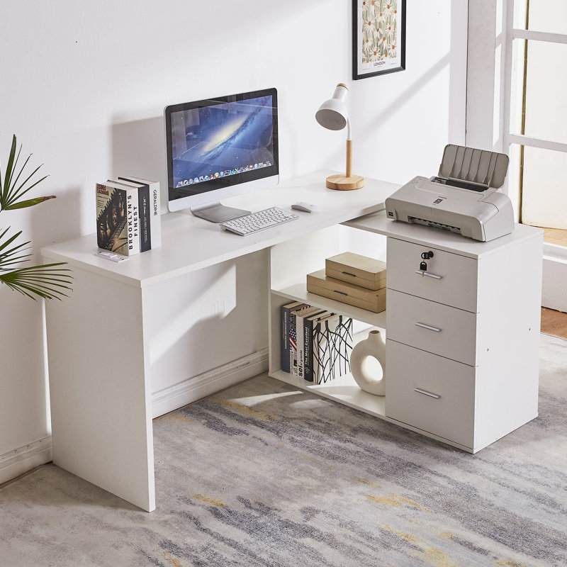 (Incomplete) 55\" Rotating L-shaped Desk With Locking Drawer, File Cabinet & Power Strip, Convertible Corner Computer Desk For Home Office