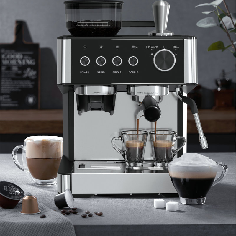 Professional 20-Bar Espresso Machine With Built-In Grinder – Precision Extraction, Integrated Milk Frother Wand For Cappuccinos/Lattes, And Compact Design.