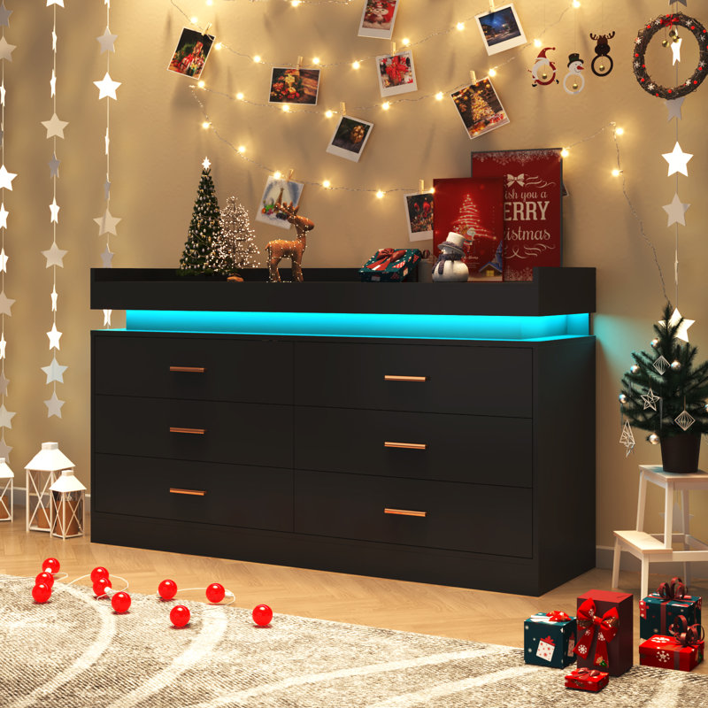 Hawah 6 Drawer Dresser (Two Sizes Available) with Charging Station and LED Light Strip