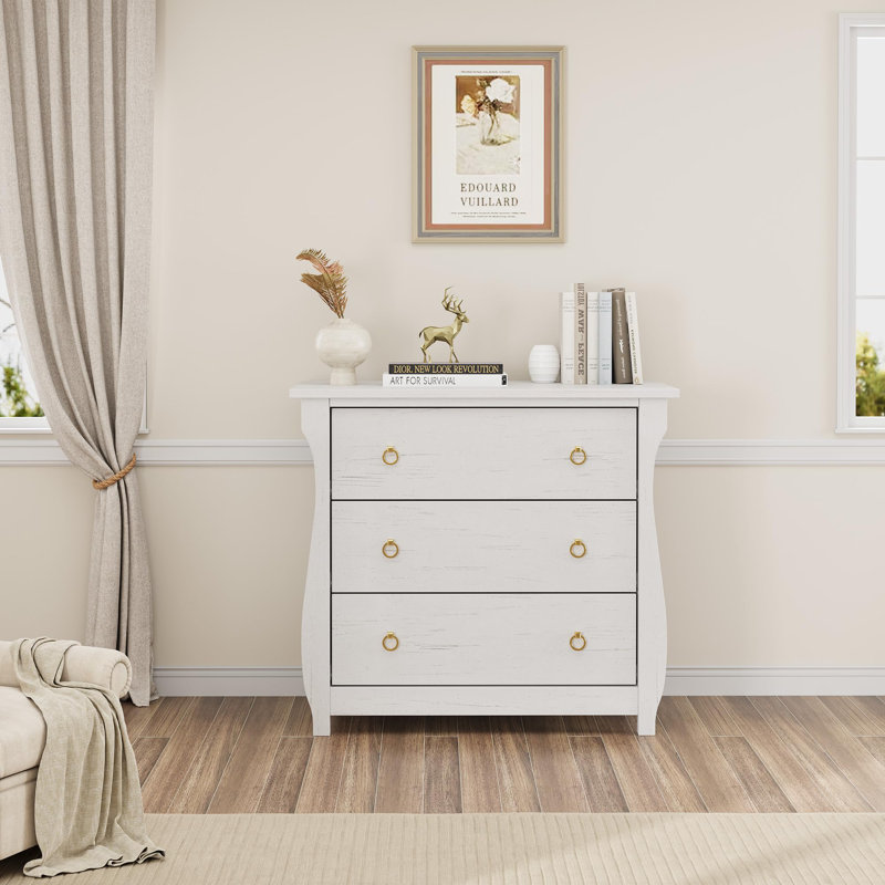 GarveeHome 3-Drawer Dresser - Tall Boho Dresser with Curved Legs, Rattan Accents, and Freestanding Storage for Living Room, Bedroom, Entryway, or Balcony (30" L x 15.8" W x 29.3" H)
