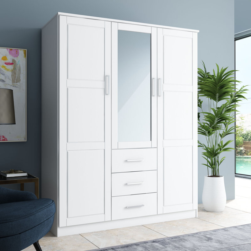 Aveah 100% Solid Wood 3-door Wardrobe Armoire with Mirrored Door