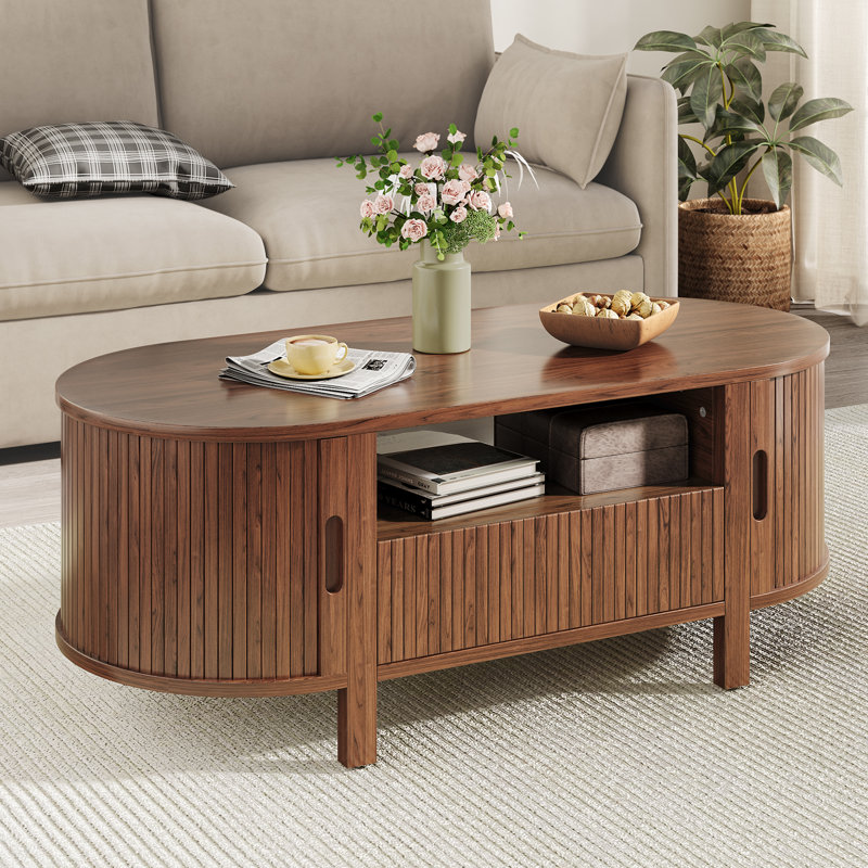 47.2'' Oval Coffee Table With Storage, Fluted Accent Center Table With Draw And Sliding Tambour Doors