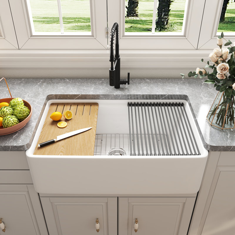 deervalley 33\\\" l x 20\\\" w single basin workstation farmhouse kitchen sink with sink grid, cutting board and dish-drying rack dv-1k0067\nincomplete 