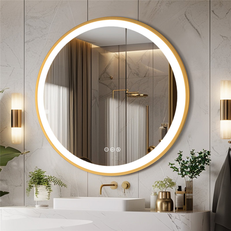 Wall-mounted Round Bathroom Mirror With Led-lights Anti-fog Dimmable Glod Frame Vanity Makeup Mirrors