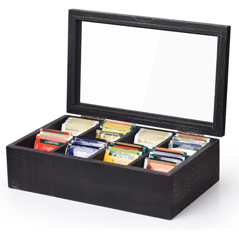 Wooden Tea Box Tea Bag Holder Kitchen Storage Chest Box For Spice Pouches And Sugar Packets With 8 Compartments And Glass Window Weathered Black