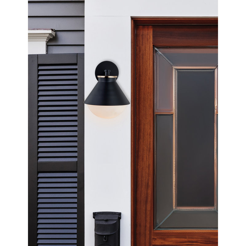Fusion-Ravelle Outdoor Wall Sconce-Matte Black w/ Brass Ring-Opal Glass Shade INCOMPLETE 