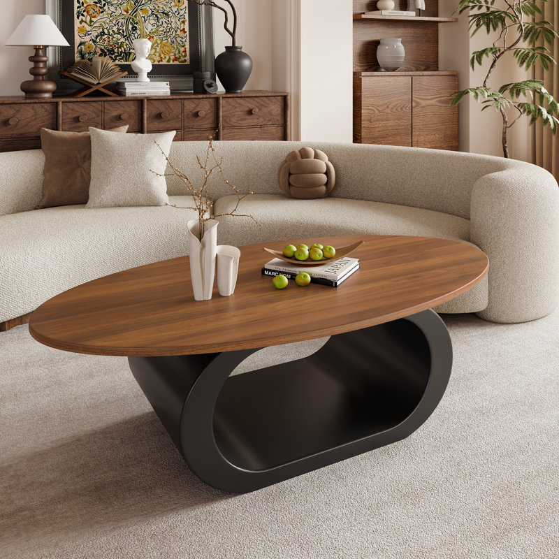 Aulander 47.2" Wood Oval Brown Coffee Table With Black Metal Base For Living Room