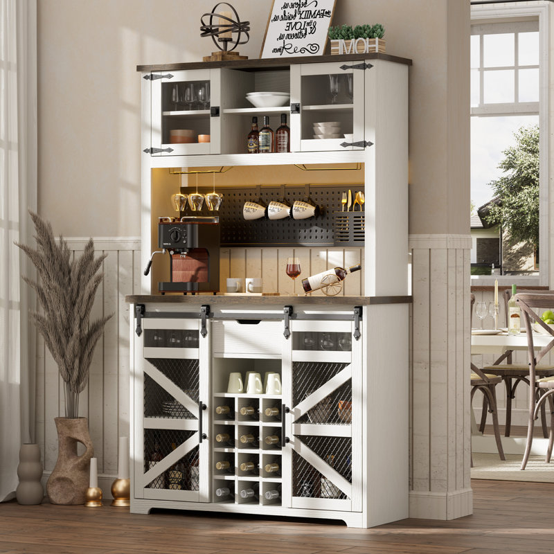 lavorn 70\" tall vintage bar cabinet with hutch, sliding barn door, led lights, wine rack, outlets, and pegboard
incomplete 