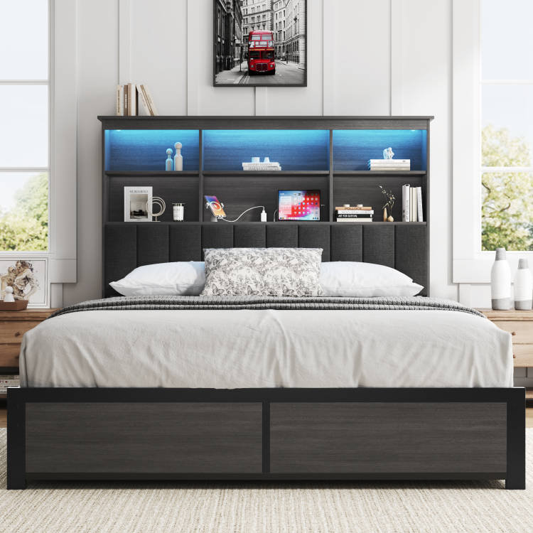 Metal Bed Frame with Bookcase Headboard queen