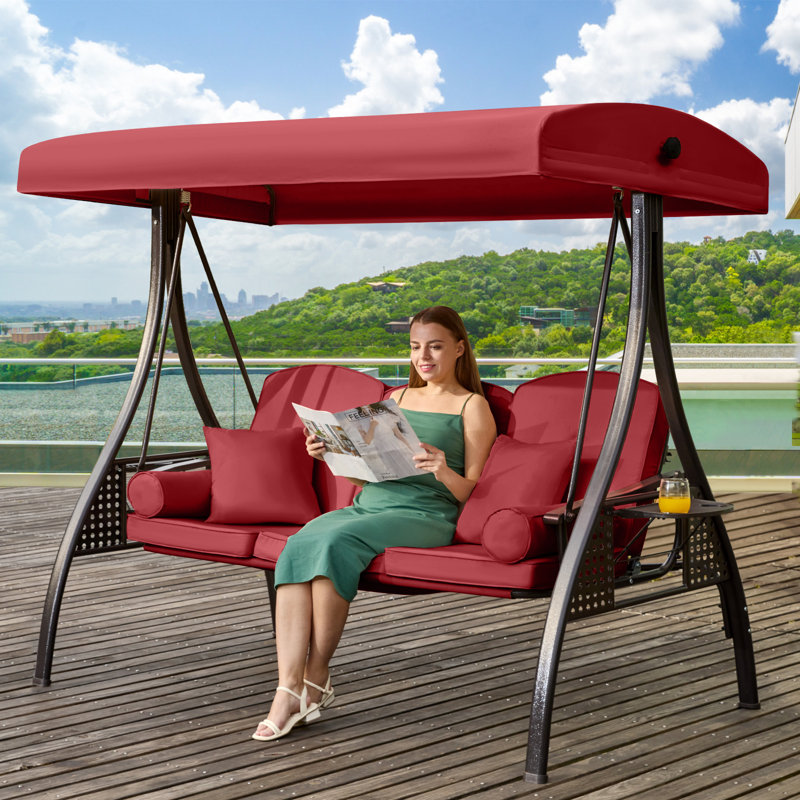 Arlmont & Co. 3-Seat Patio Porch Swing With Adjustable Canopy - Outdoor Swing Featuring Three-Position Backrest, Large Convertible 3-In-1 Swing Bed, Thickened Cushions, Pillows, And Cup Holders - Ideal For Porch, Backyard, Garden