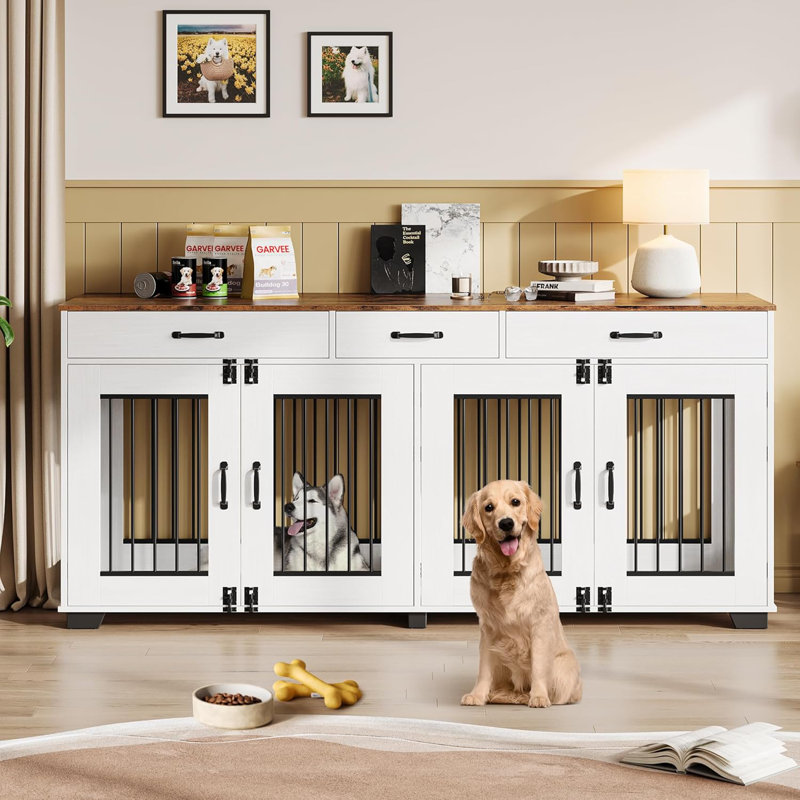 71''w dog crate furniture for 2 dogs, wooden double dog crate with 3 drawers and removable room divider