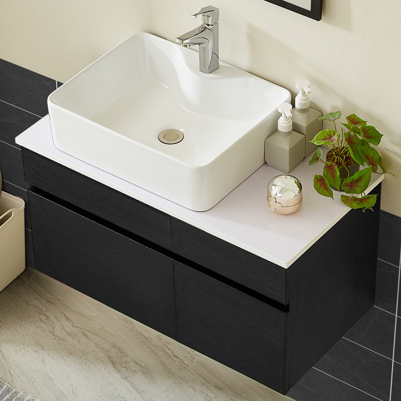 32" wall mounted modern wood grain floating bathroom vanity set